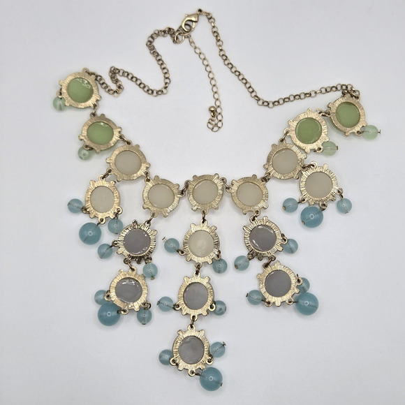 Statement Necklace Chunky Pastel Beaded Goldtone Runway Maximalist Cocktail Glam - Picture 8 of 13